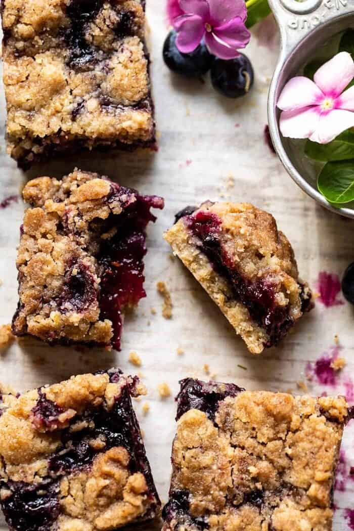 overhead photo of Cinnamon Sugar Blueberry Crumb Bar