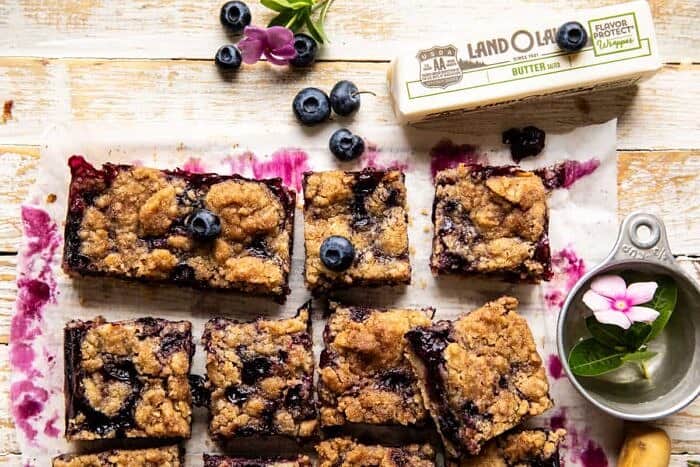 overhead horizontal photo of Cinnamon Sugar Blueberry Crumb Bars