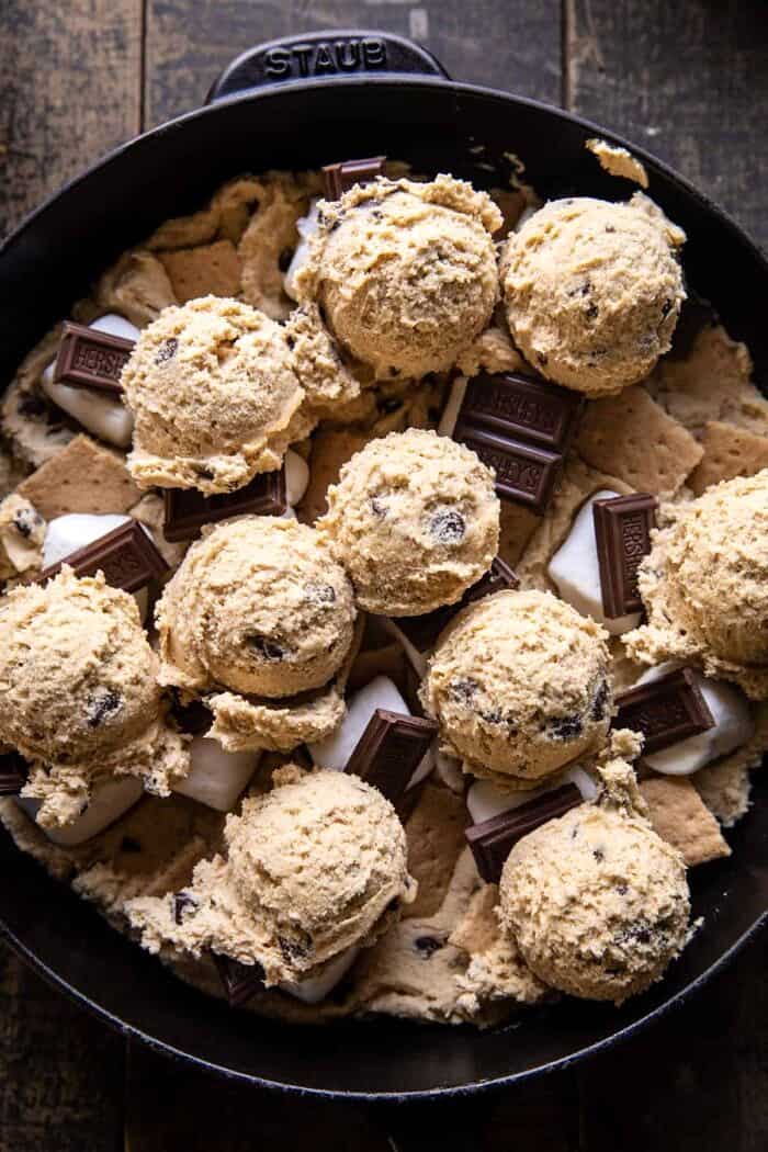 Giant S’mores Stuffed Chocolate Chip Skillet Cookie before baking