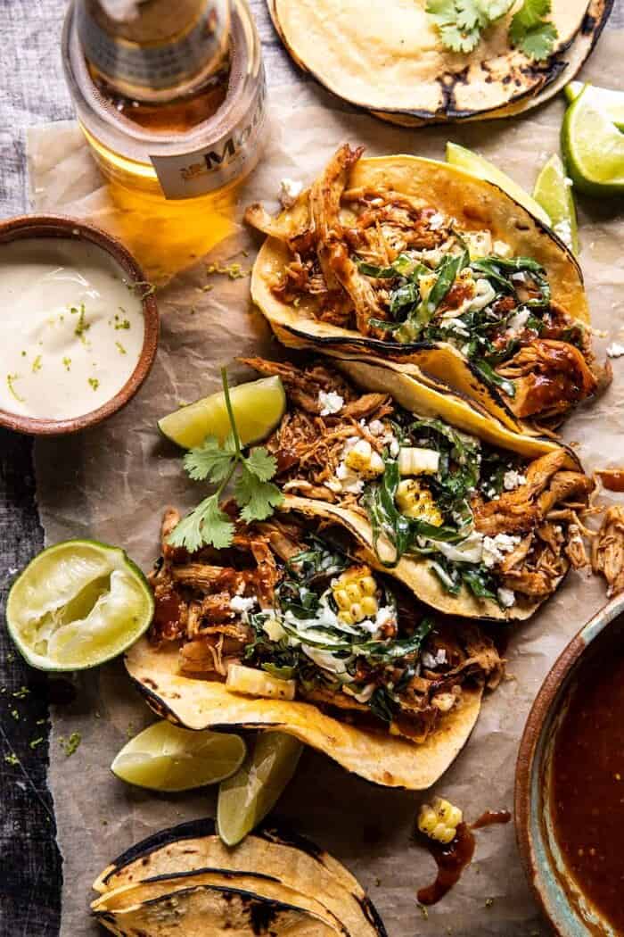 overhead photo of Instant Pot Crispy Carnitas with Chipotle Peach Salsa