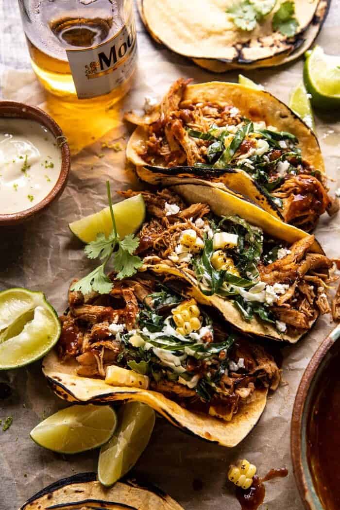 side angled photo of Instant Pot Crispy Carnitas with Chipotle Peach Salsa