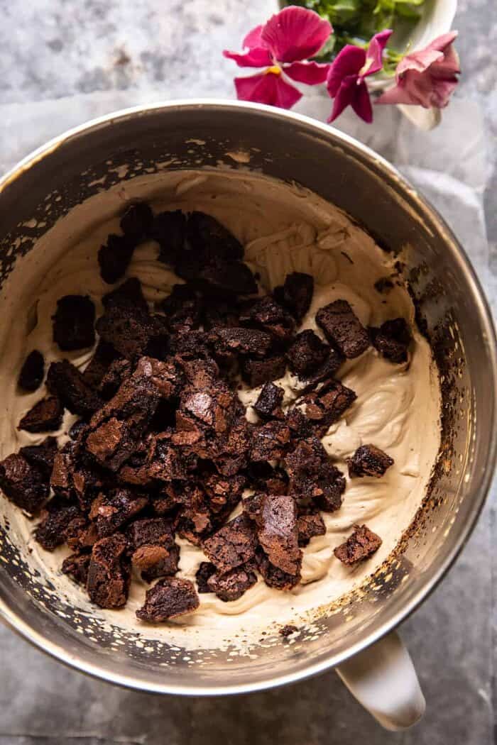 No Churn Fudge Brownie Coffee Ice Cream in mixing bowl before freezing
