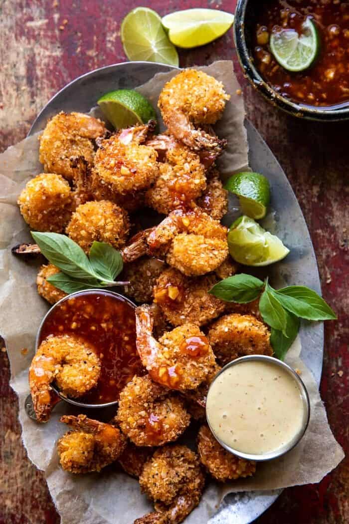 overhead photo of Oven Fried Coconut Shrimp with Thai Pineapple Chili Sauce