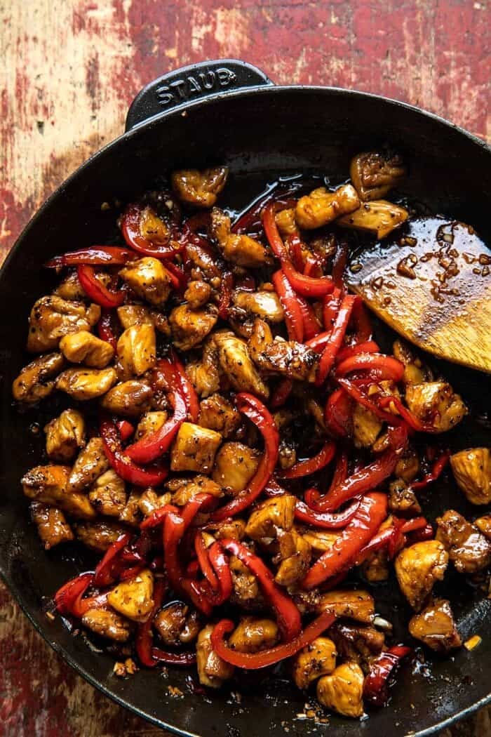 overhead photo of Weeknight Sesame Teriyaki Chicken in skillet