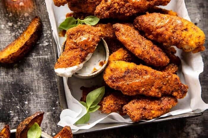 overhead close up photo of Black Pepper Rub Chicken Fingers with Greek Yogurt Ranch