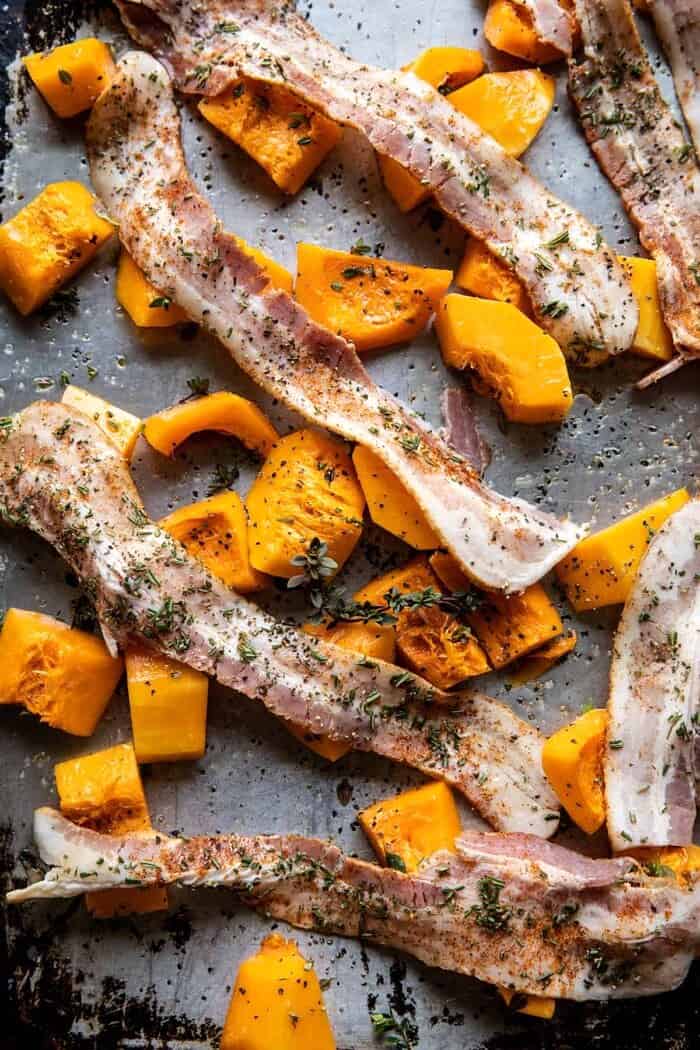 overhead photo of Butternut Squash and bacon before roasting