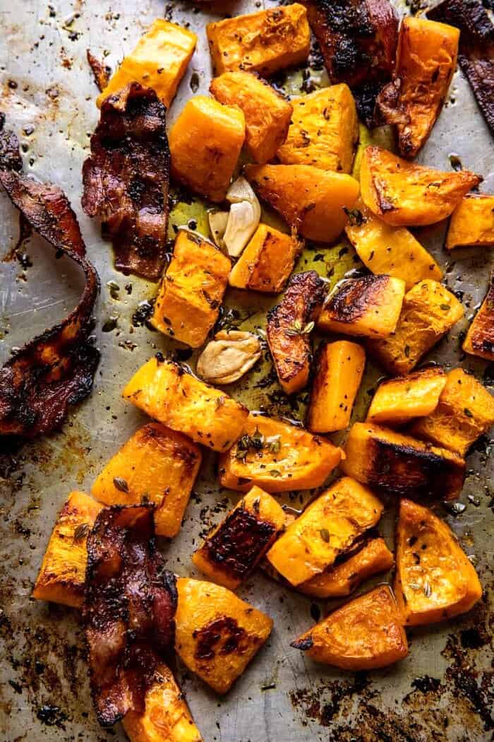 overhead photo of Butternut Squash and Rosemary Bacon after bacon on sheet pan