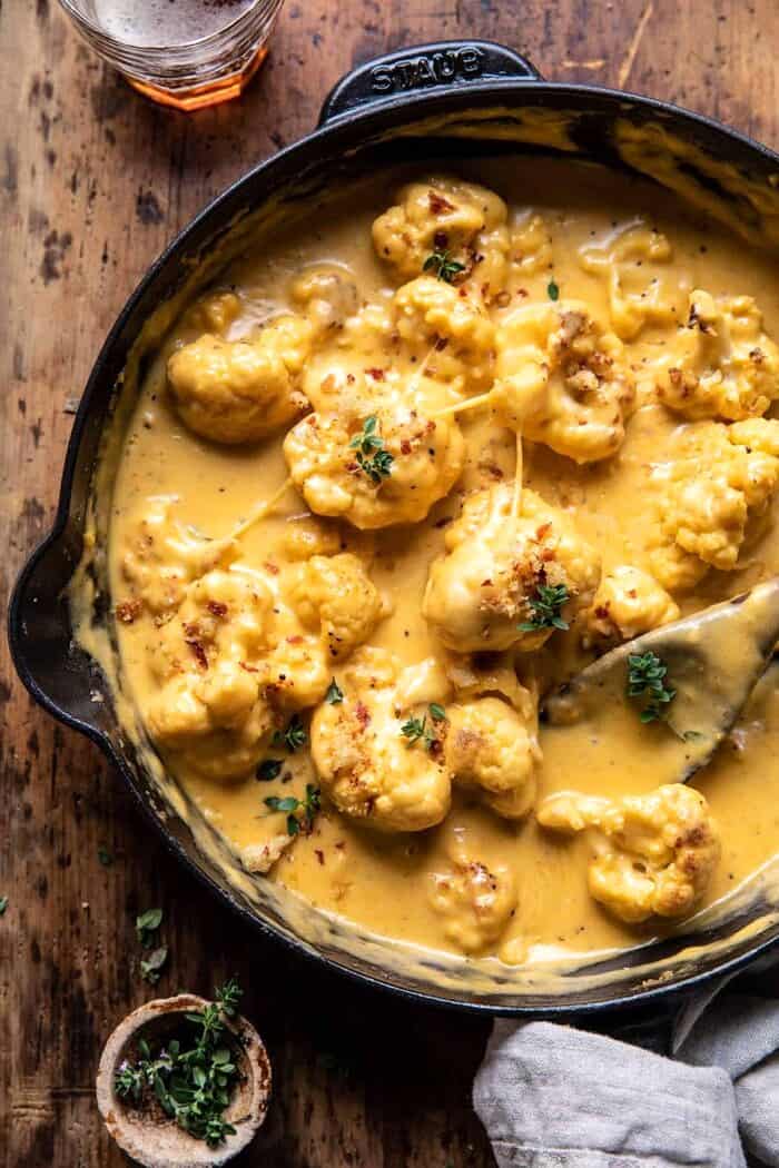 overhead photo of Cauliflower and Cheese with Spicy Breadcrumbs