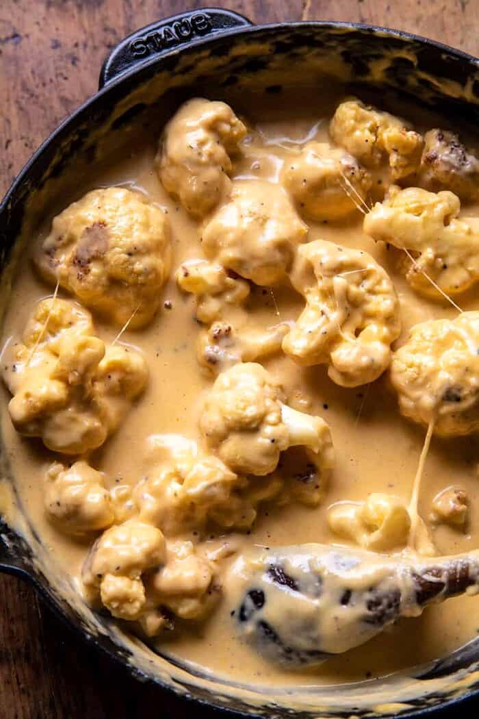 overhead photo of Cauliflower and Cheese before adding the Spicy Breadcrumbs