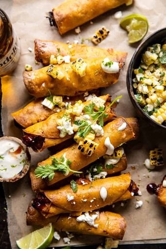 Crockpot BBQ Beer Chicken Taquitos with Street Corn Salsa | halfbakedharvest.com
