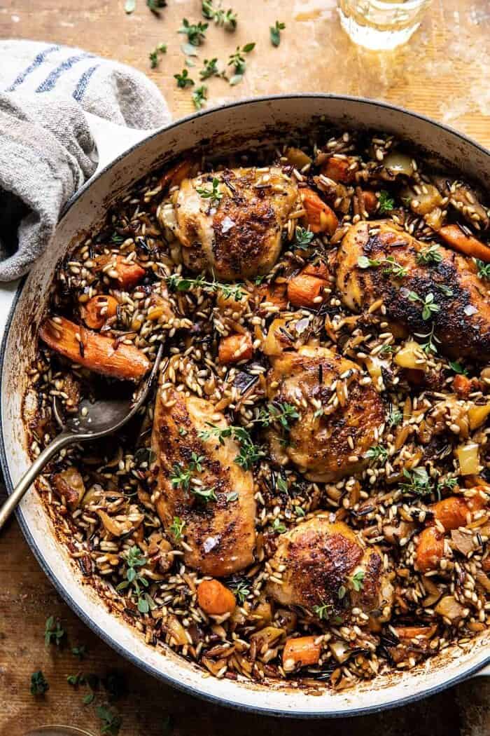 One Pot Lemon Rosemary Dijon Chicken and Butter Toasted Rice Pilaf | halfbakedharvest.com