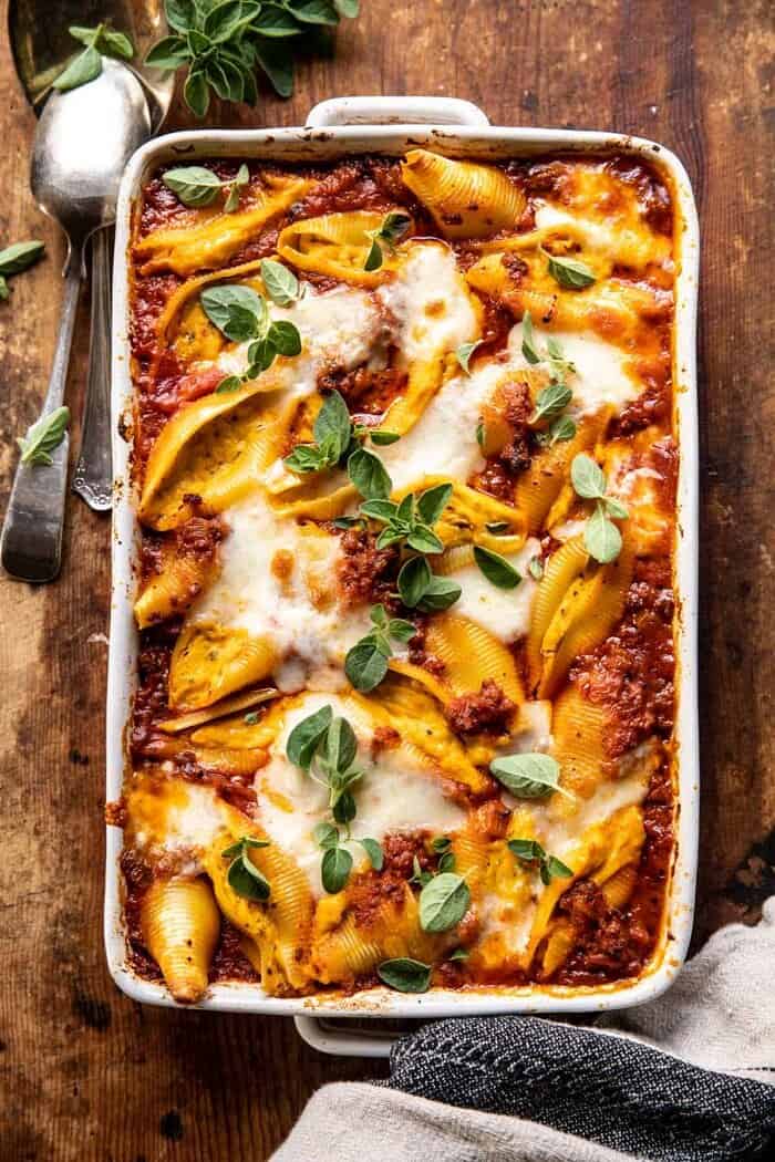 overhead photo of Pumpkin Cheese Stuffed Pasta Bolognese Bake 