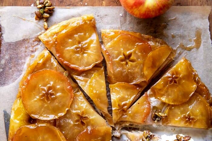overhead horizontal photo of Salted Maple Apple Tarte Tatin with Cinnamon Pumpkin Seeds