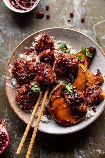 Sheet Pan Sticky Thai Pomegranate Chicken and Honey Roasted Squash | halfbakedharvest.com