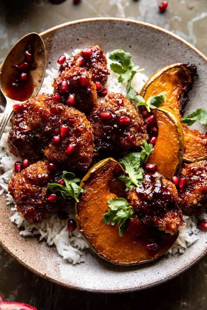 Sheet Pan Sticky Thai Pomegranate Chicken and Honey Roasted Squash | halfbakedharvest.com