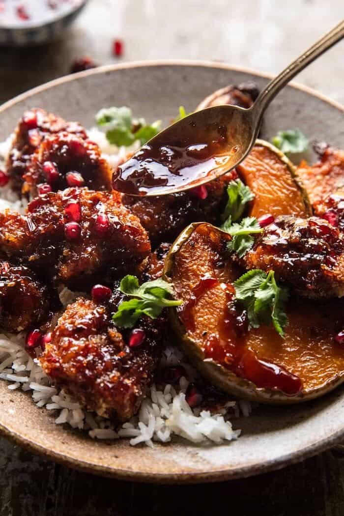 Sheet Pan Sticky Thai Pomegranate Chicken and Honey Roasted Squash | halfbakedharvest.com