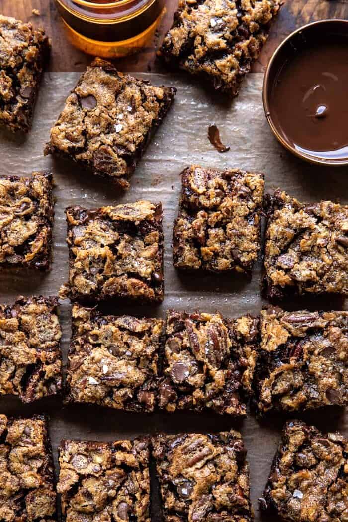 overhead photo of Brown Sugar Maple Chocolate Pecan Pie Bars 