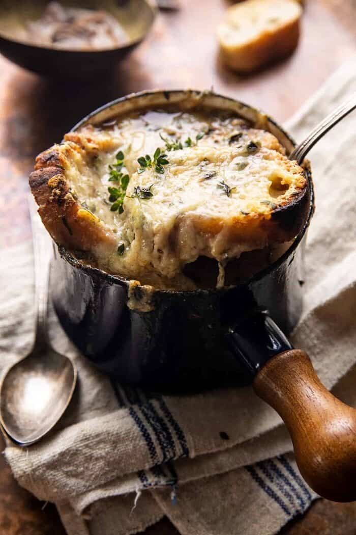 side angled photo of Creamy French Onion and Mushroom Soup 