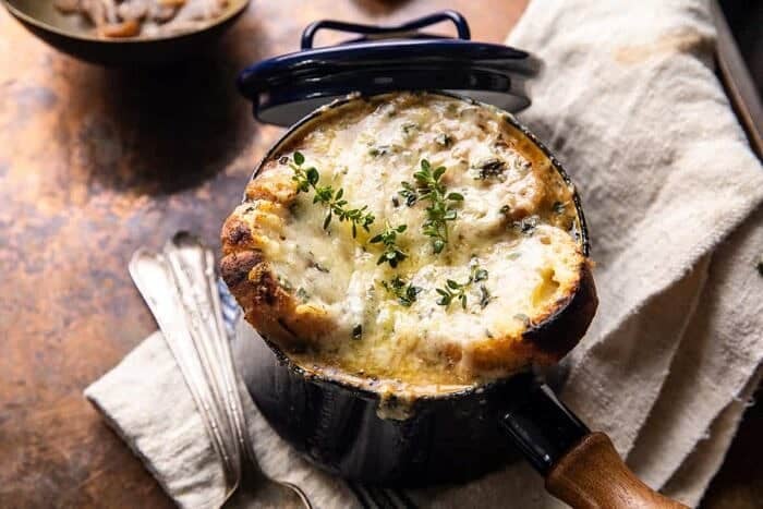 horizontal photo of Creamy French Onion and Mushroom Soup