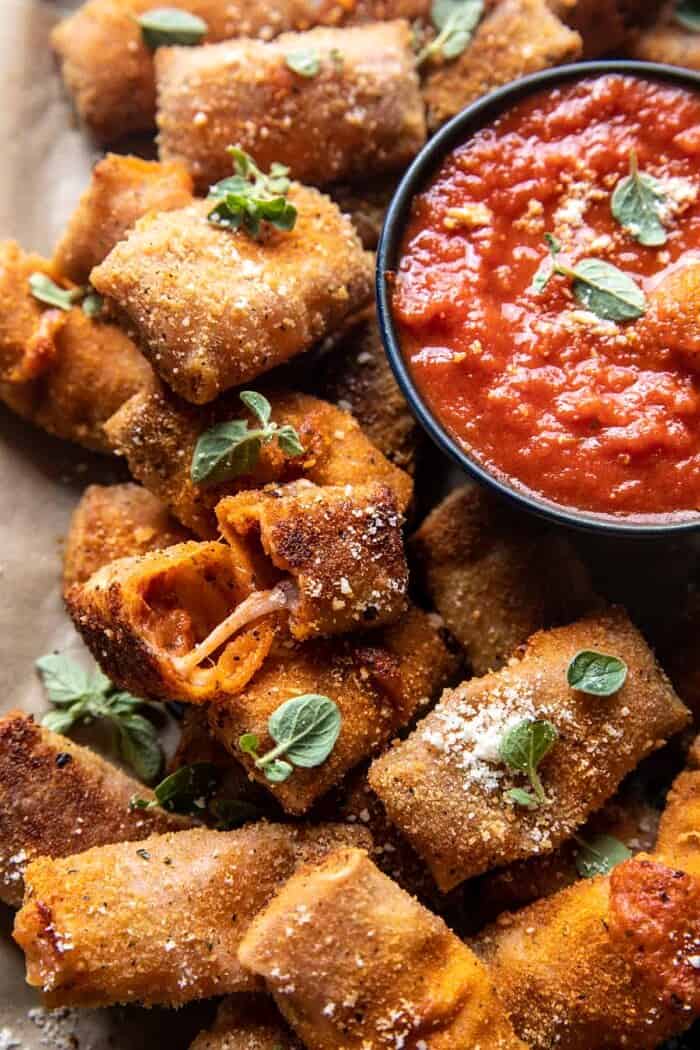 overhead close up photo of Homemade Cheesy Pizza Rolls