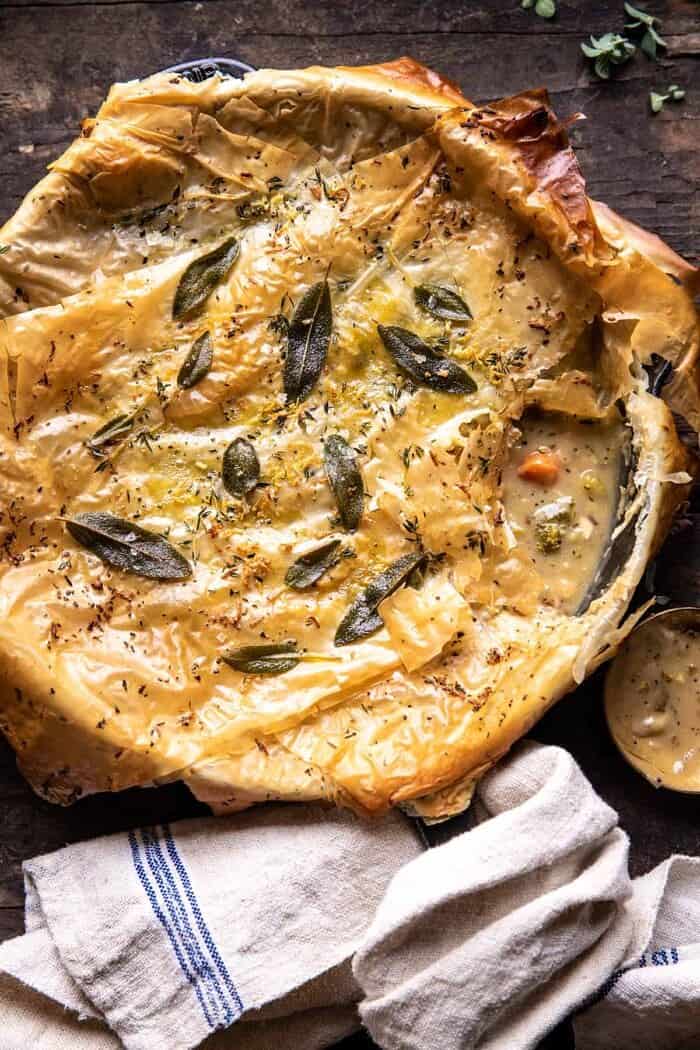 overhead photo of Skillet Chicken Broccoli Pot Pie with Garlic Butter Phyllo Crust