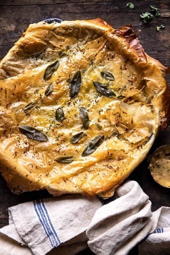 Skillet Chicken Broccoli Pot Pie with Garlic Butter Phyllo Crust | halfbakedharvest.com