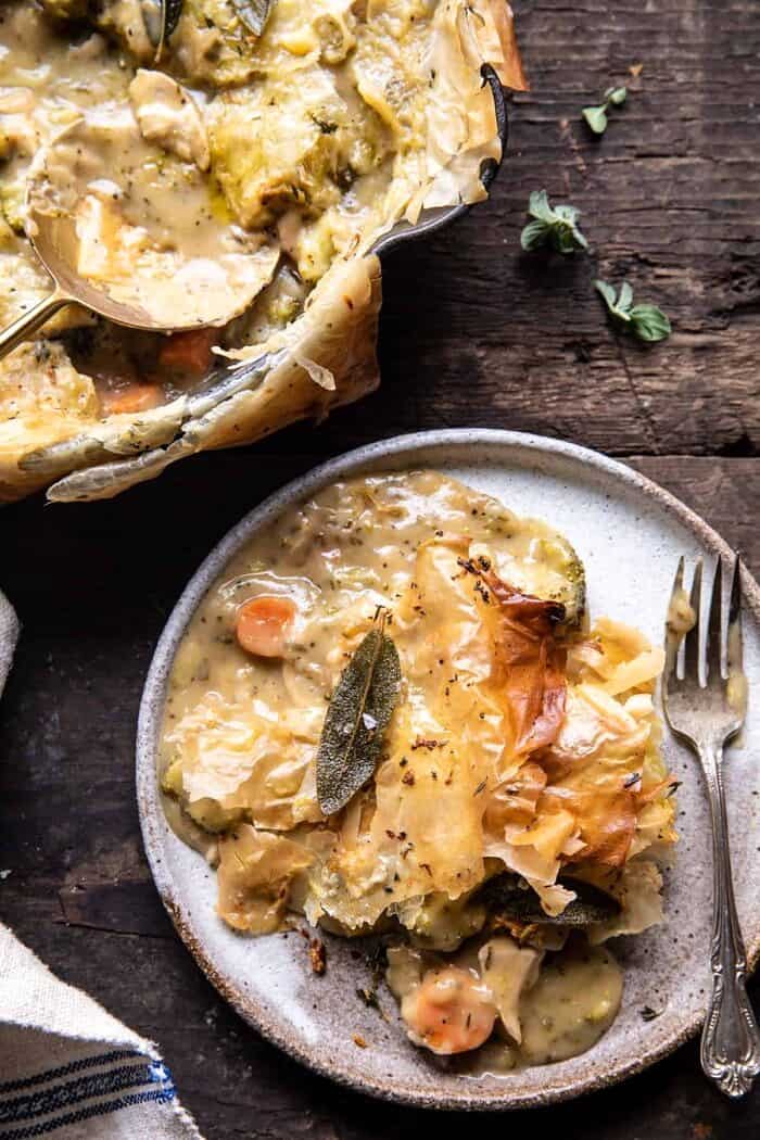 Skillet Chicken Broccoli Pot Pie with Garlic Butter Phyllo Crust on plate