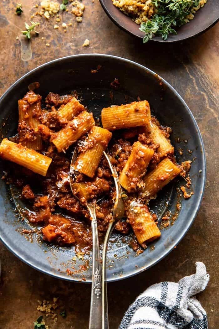 overhead photo of Slow Cooker Saucy Sunday Bolognese Pasta
