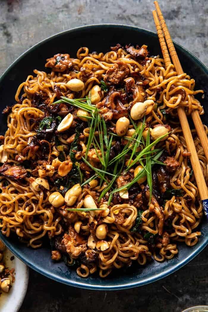overhead close up photo of 30 Minute Spicy Sesame Noodles with Ginger Chicken