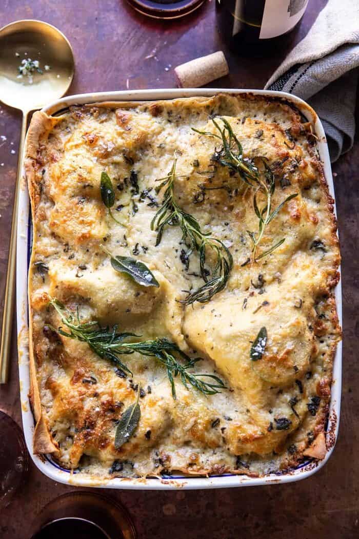 overhead photo of 4 Cheese Sage Pesto Florentine Lasagna