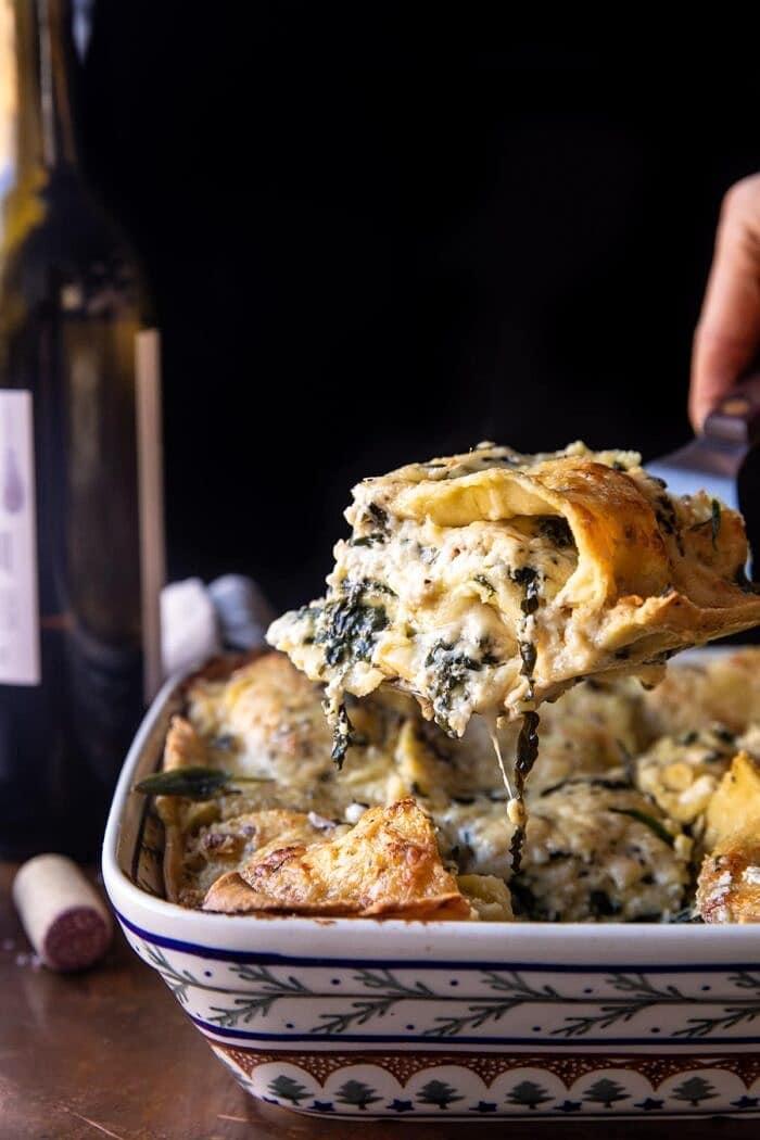 side angled photo of 4 Cheese Sage Pesto Florentine Lasagna