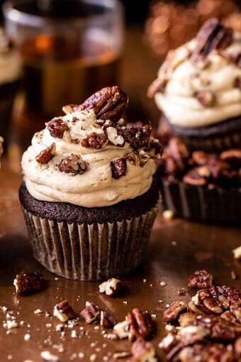 Chocolate Bourbon Pecan Pie Cupcakes with Butter Pecan Frosting | halfbakedharvest.com