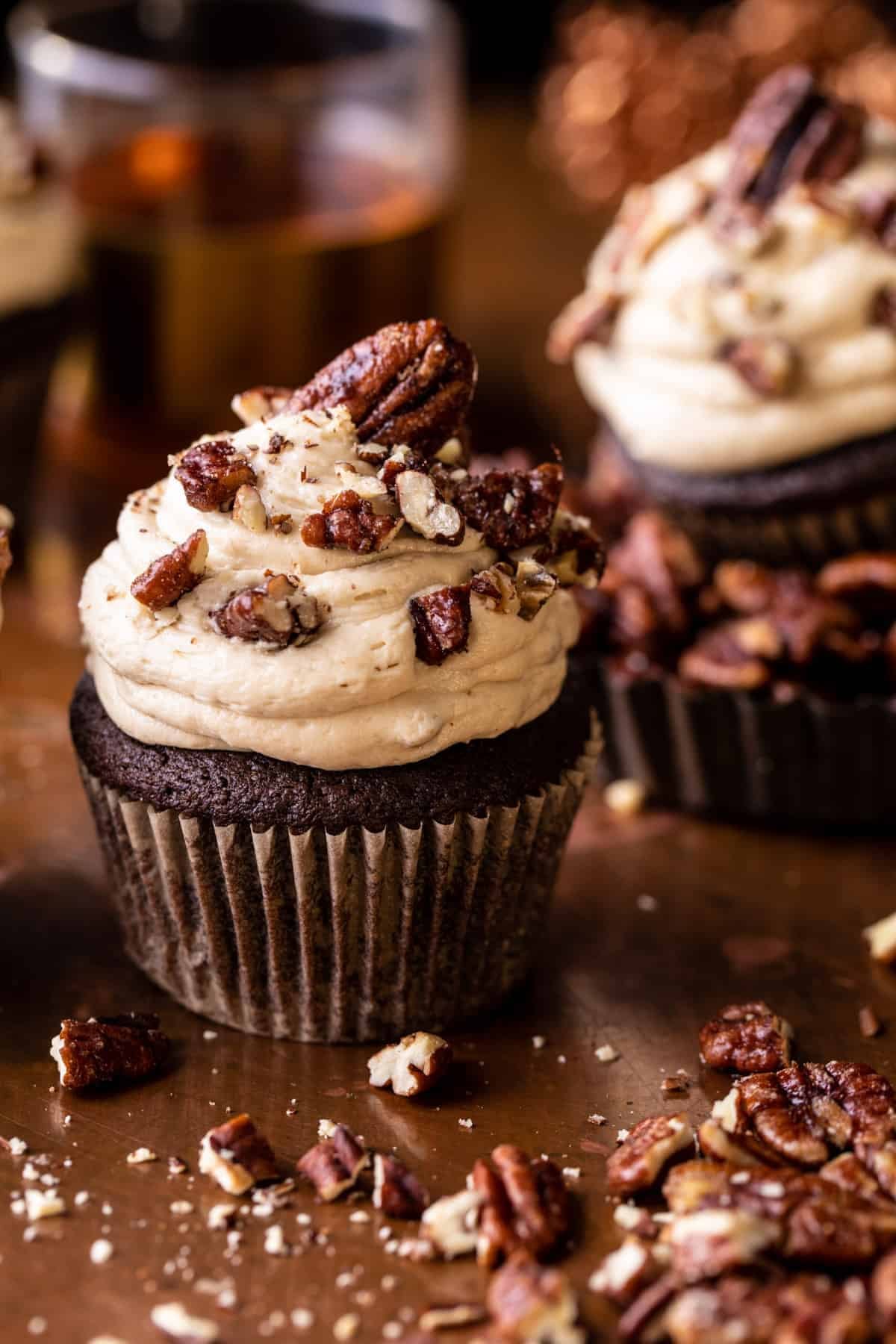 Chocolate Bourbon Pecan Pie Cupcakes with Butter Pecan Frosting | halfbakedharvest.com