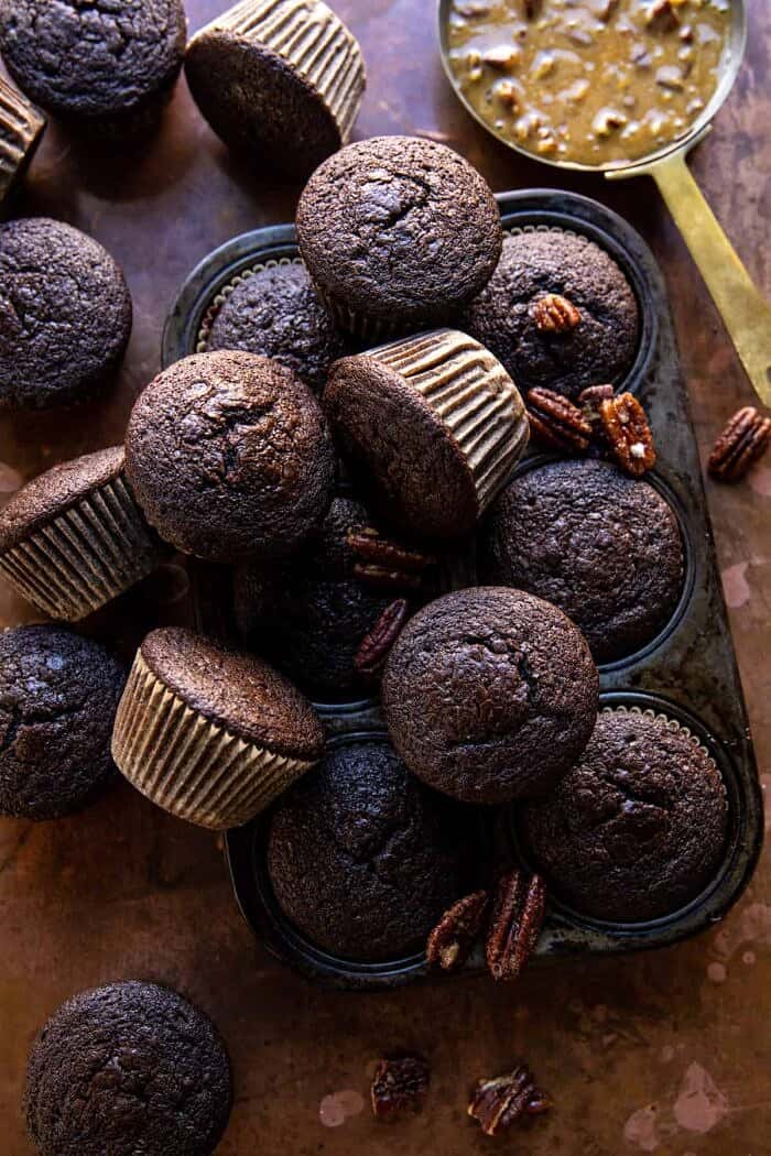overhead photo Chocolate Bourbon Pecan Pie Cupcakes before frosting 