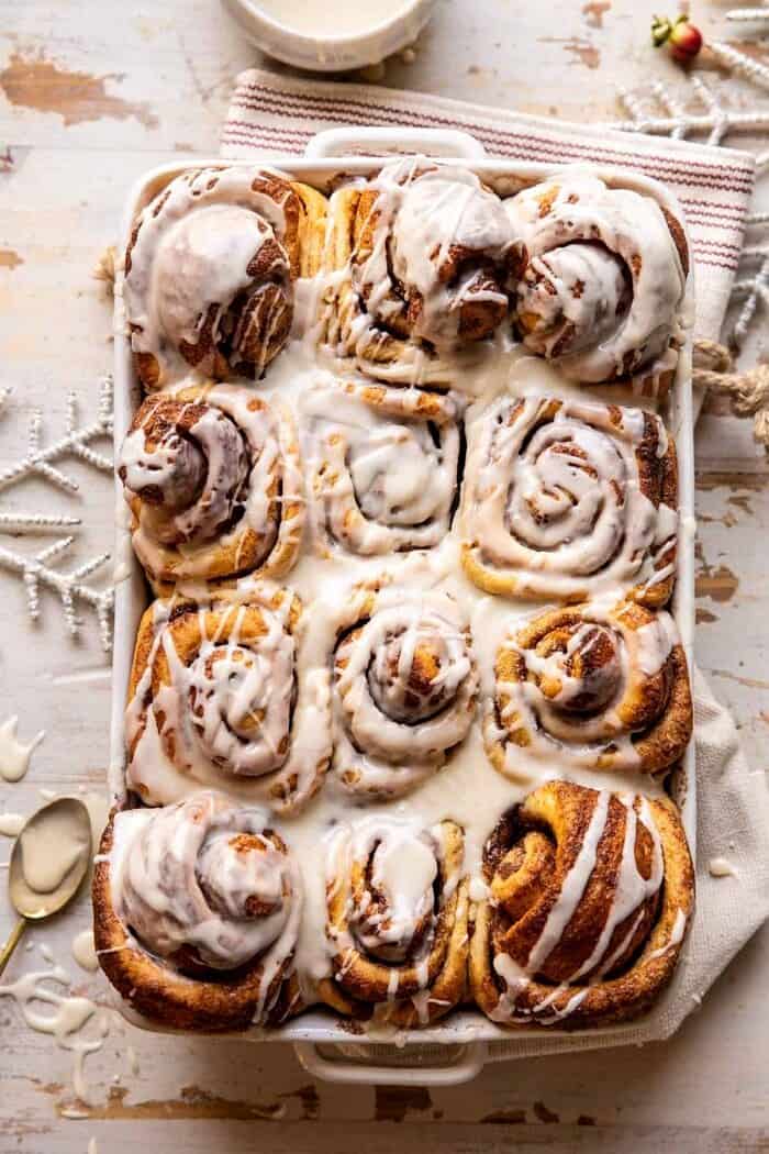 overhead photo of Easy Fluffy Eggnog Cinnamon Rolls 