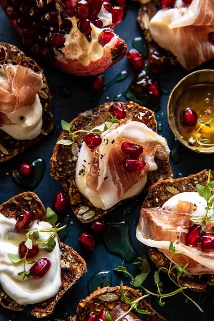 overhead close up photo of Honey Whipped Ricotta and Prosciutto Crackers 