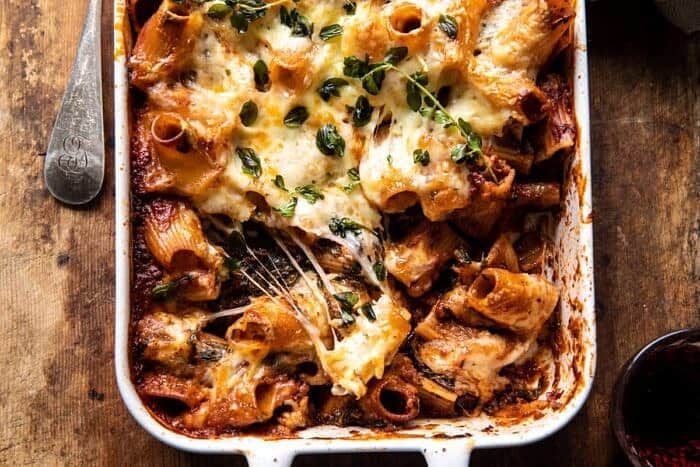 overhead horizontal photo of One Pan 4 Cheese Sun-Dried Tomato and Spinach Pasta Bake 