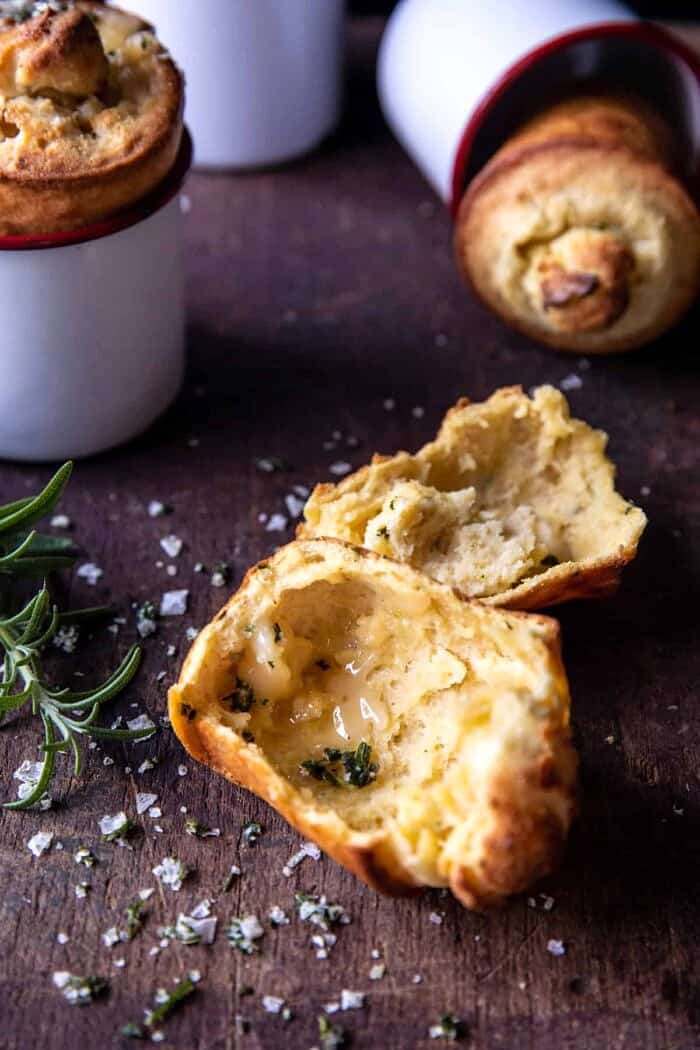Salted Rosemary Popovers with Honey Butter broken in half
