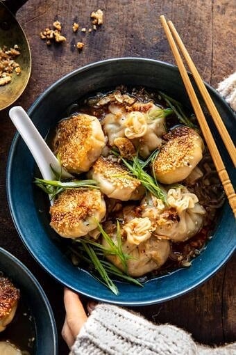 Sesame Chicken Dumplings in Spicy Broth with Garlic Crisps | halfbakedharvest.com