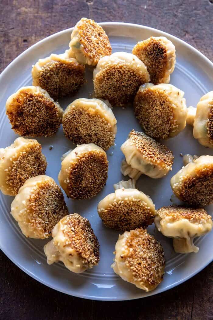 overhead photo of Sesame Chicken Dumplings after cooking