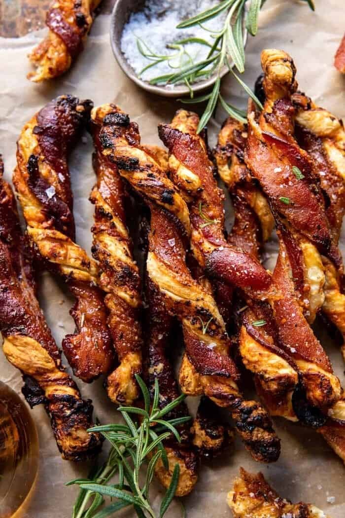 overhead close up photo of Sweet and Savory Cheesy Bacon Wrapped Puff Pastry Twist 