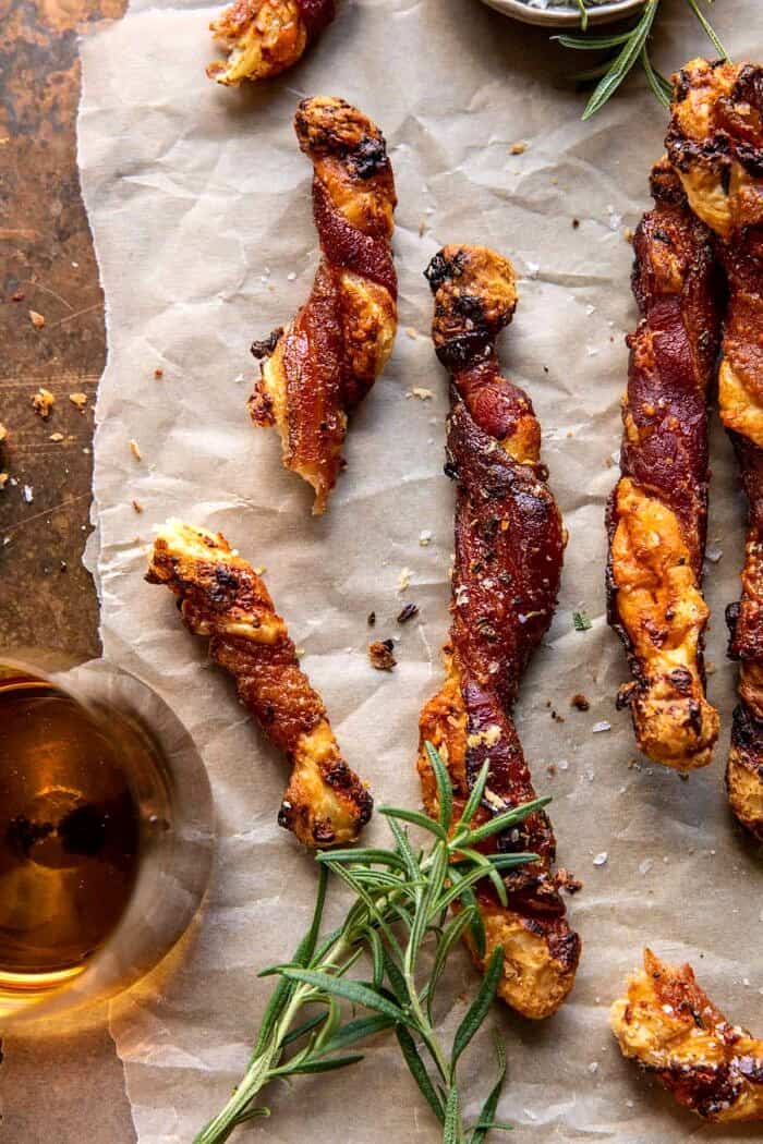 overhead photo of Sweet and Savory Cheesy Bacon Wrapped Puff Pastry Twist