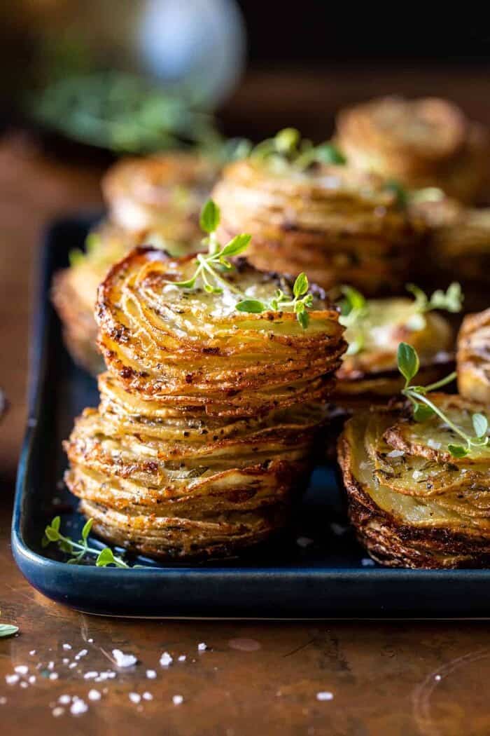side angled photo of Crispy Cheesy Potato Stacks 