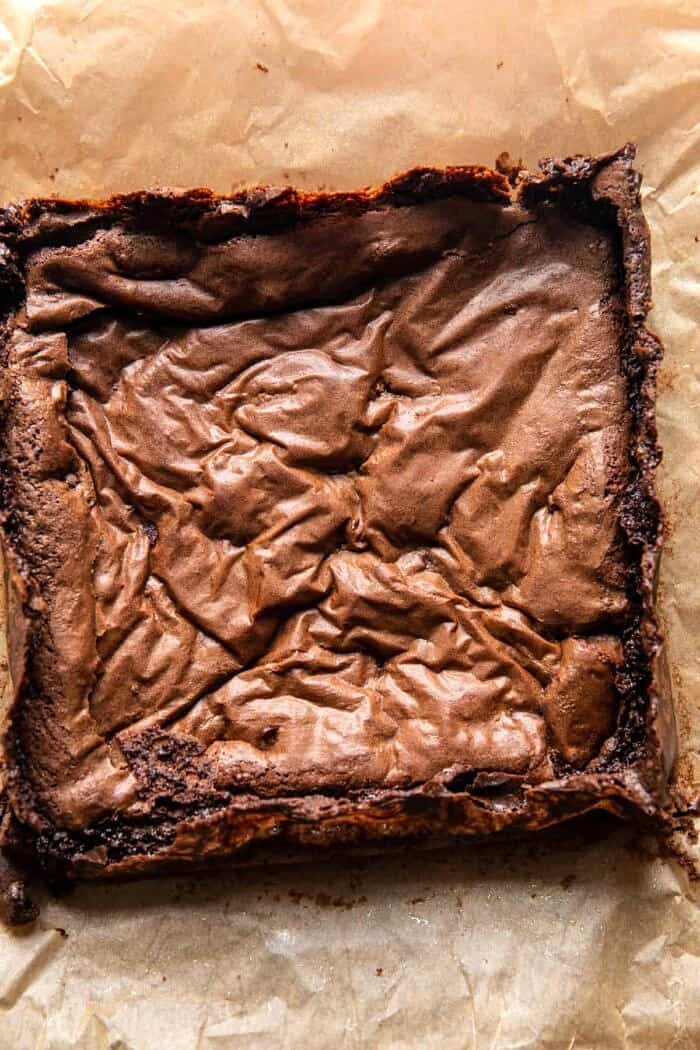overhead photo of brownies after baking 