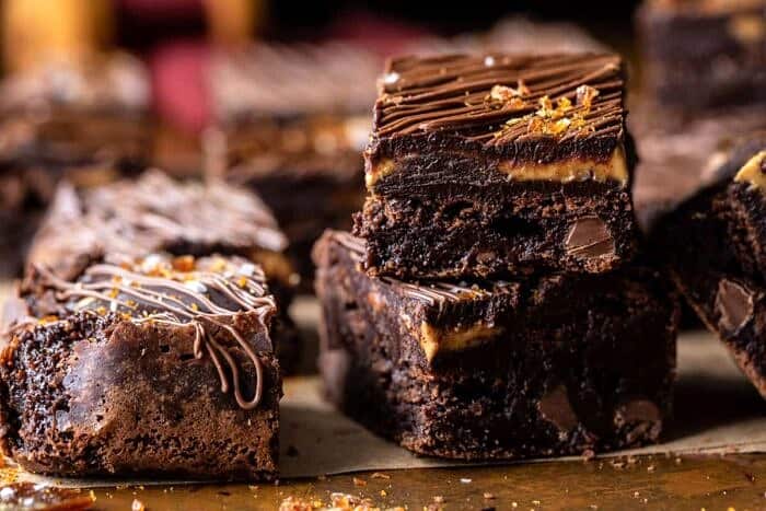 side angle horizontal photo of Milk Chocolate Peanut Butter Truffle Brownies