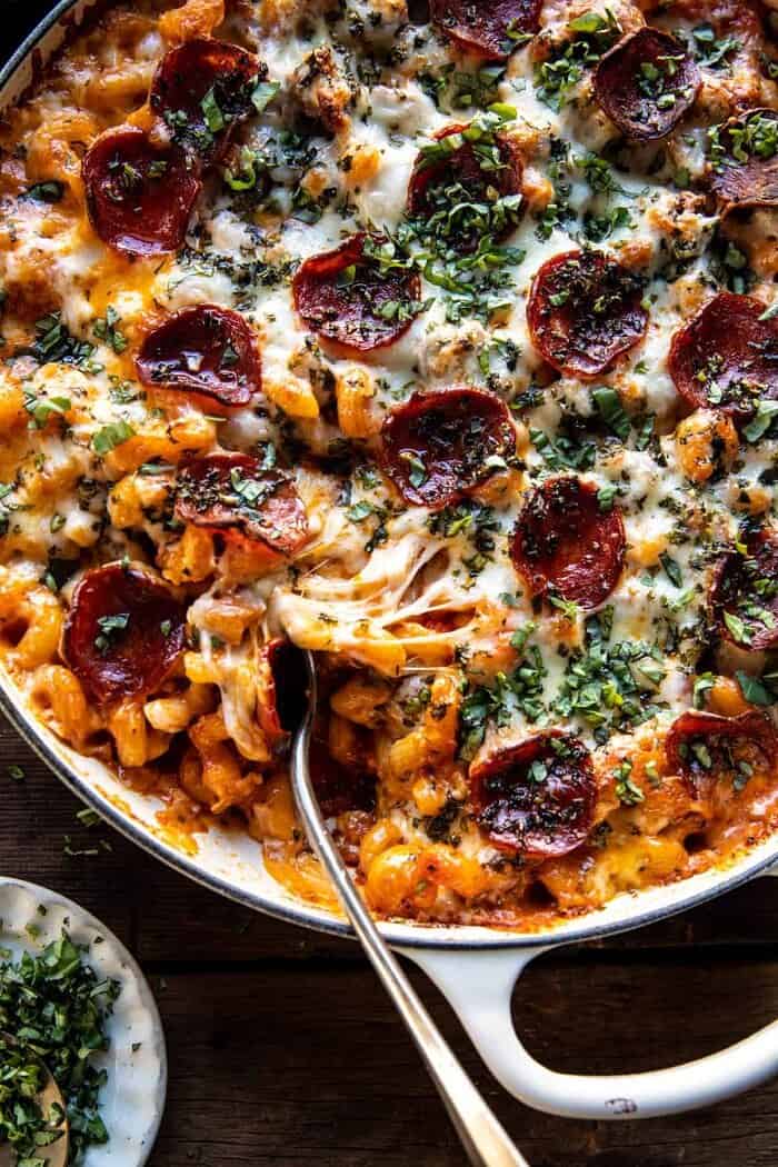 overhead close up photo of One Pot Spicy Alla Vodka Pizza Pasta