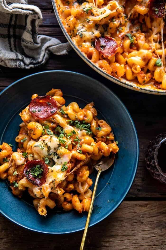 One Pot Spicy Alla Vodka Pizza Pasta on serving plate with fork