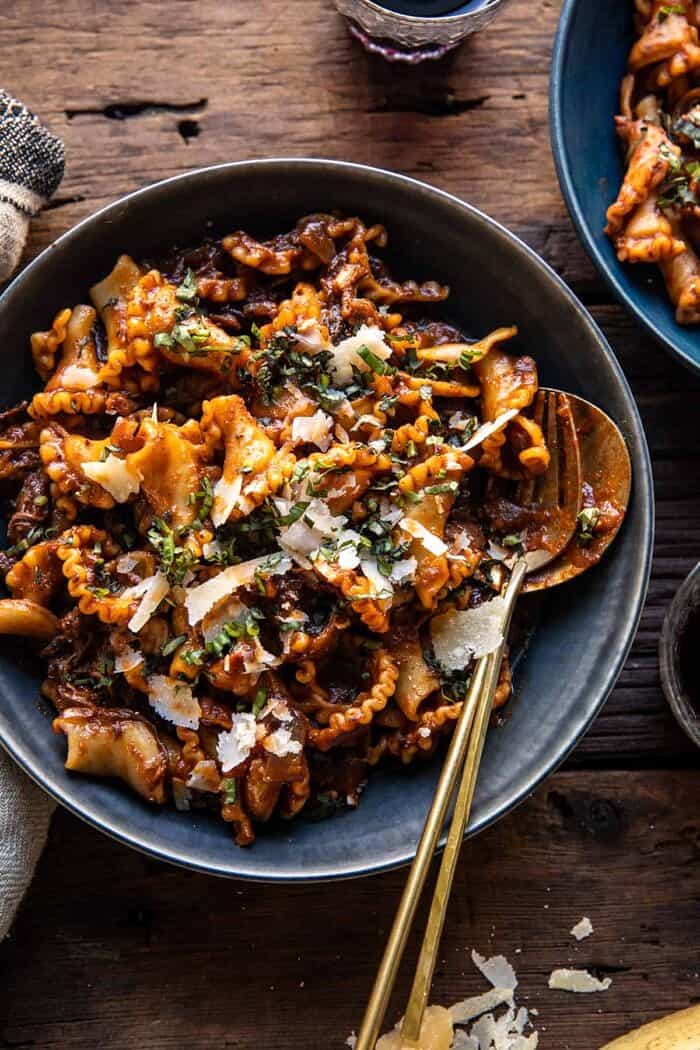 overhead photo of Slow Cooker Red Wine Braised Short Rib Pasta
