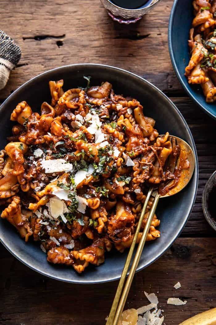 overhead photo of Slow Cooker Red Wine Braised Short Rib Pasta