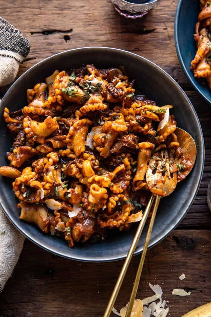 overhead photo of Slow Cooker Red Wine Braised Short Rib Pasta